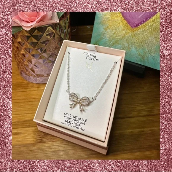 Camila Coelho Silver Cubic Zirconia Bow Necklace on strand of small faux pearls - Picture 1 of 10